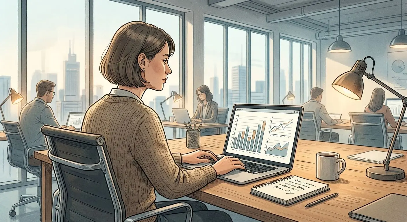Ilustração editorial de um analista digital em ambiente de trabalho