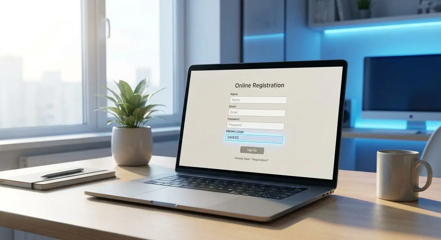 Formulário de registo online com campo de código promocional em destaque