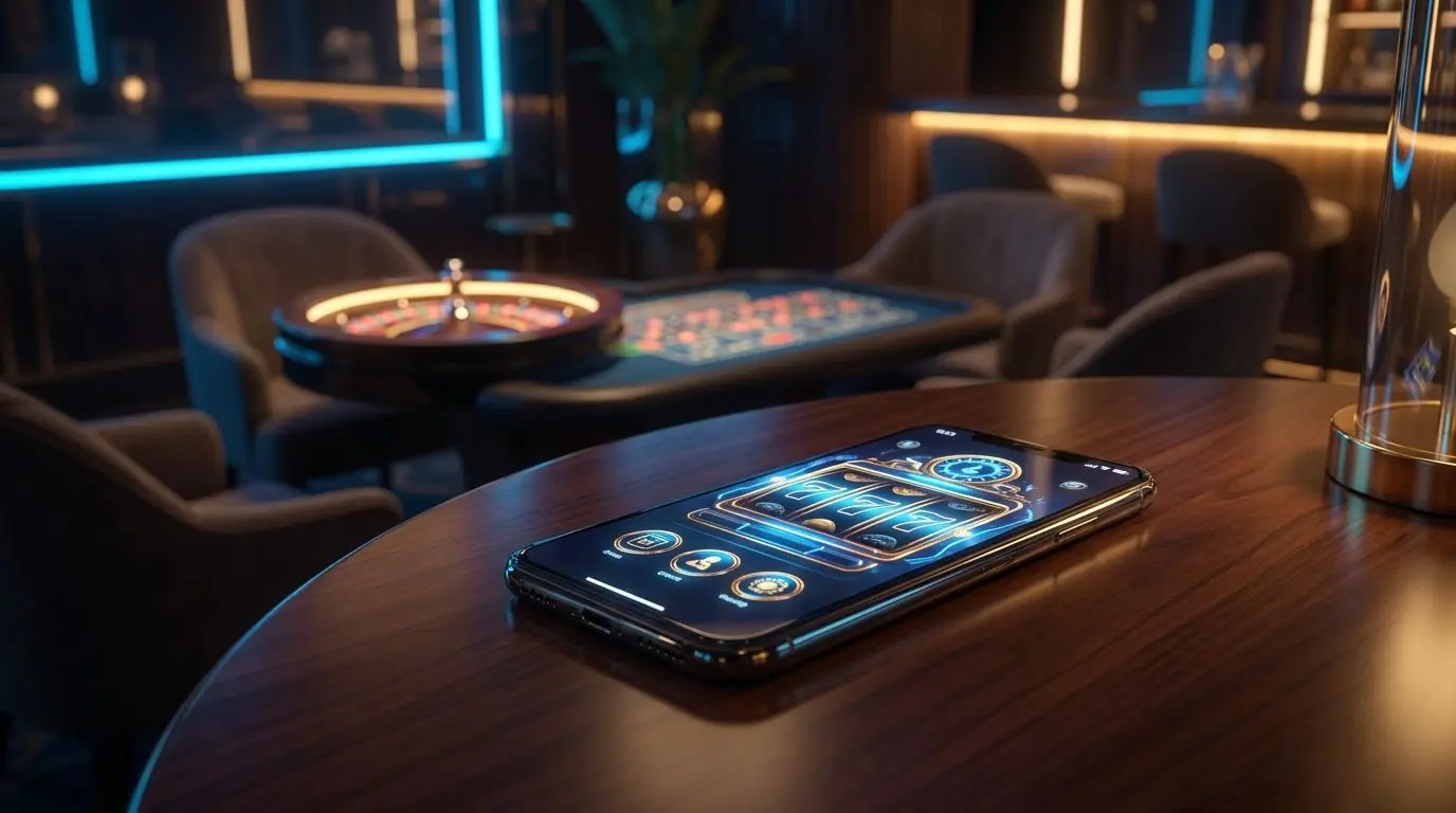 Smartphone moderno com ambiente de jogo digital e mesa iluminada ao fundo