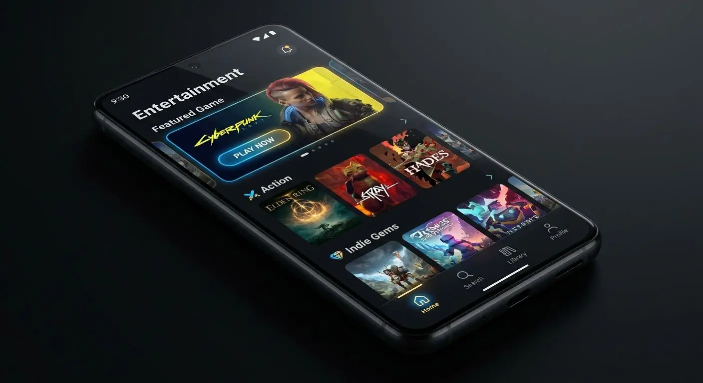 Mockup do ecrã inicial da app com lista de jogos e menu de navegação