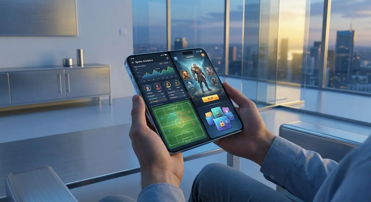 Utilizador a usar app m&oacute;vel com interface de jogo e desporto