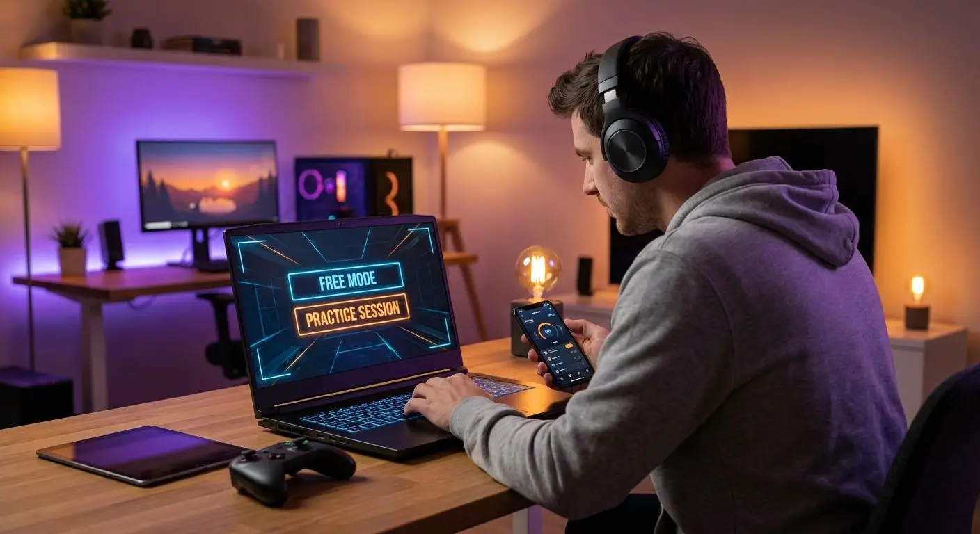 Utilizador a experimentar um jogo em modo demo no computador e telemóvel