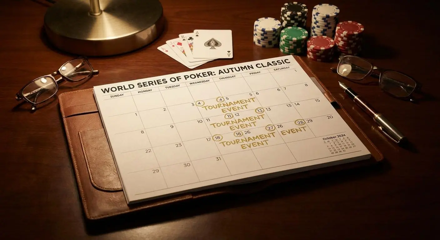 Calendário de torneios de poker com fichas e cartas