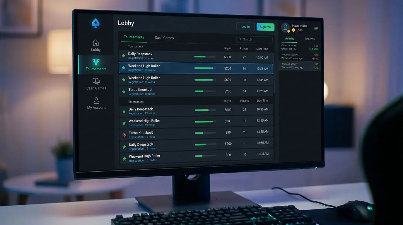 Interface genérica de lobby de poker online com lista de torneios