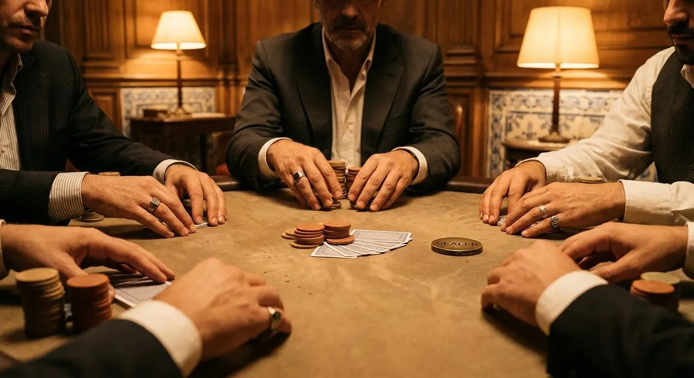 Mesa de poker ao vivo com fichas e cartas em ambiente elegante