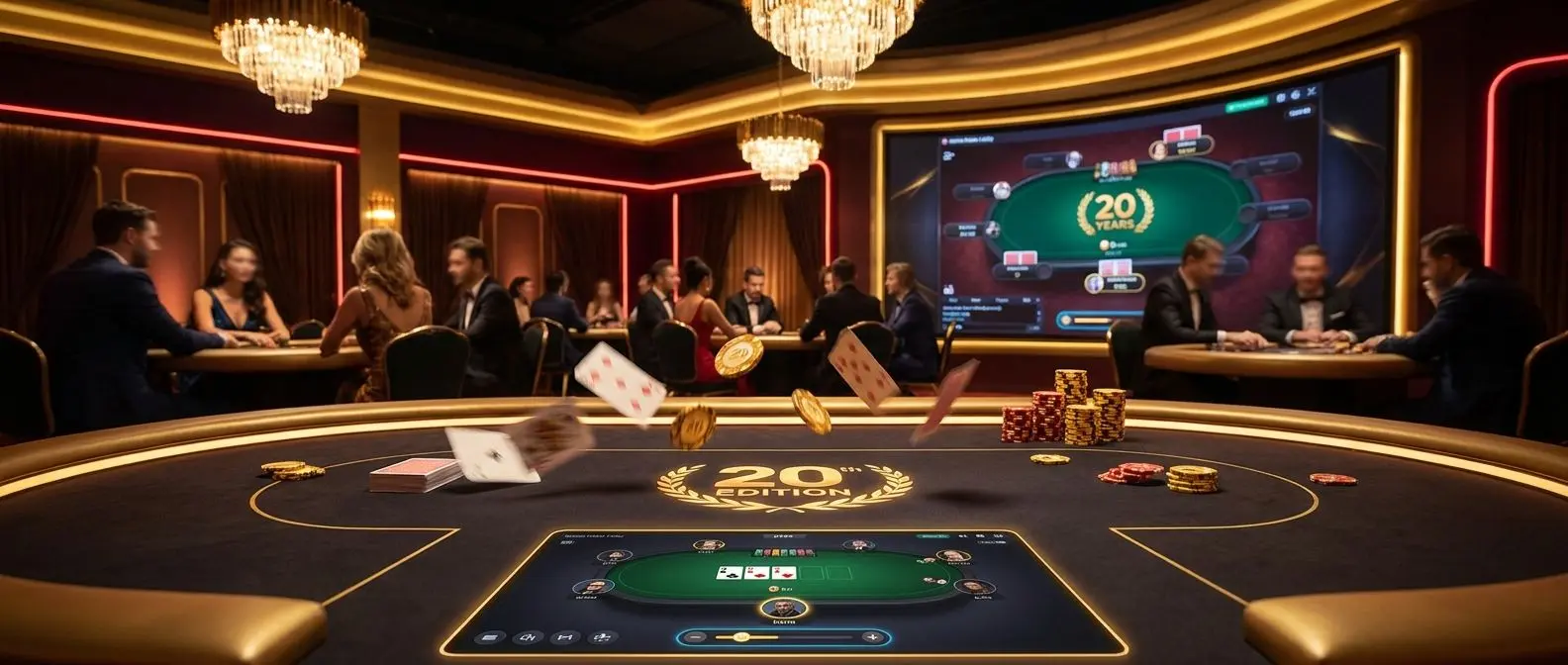 Cena promocional de poker com fichas, cartas e ambiente online e ao vivo