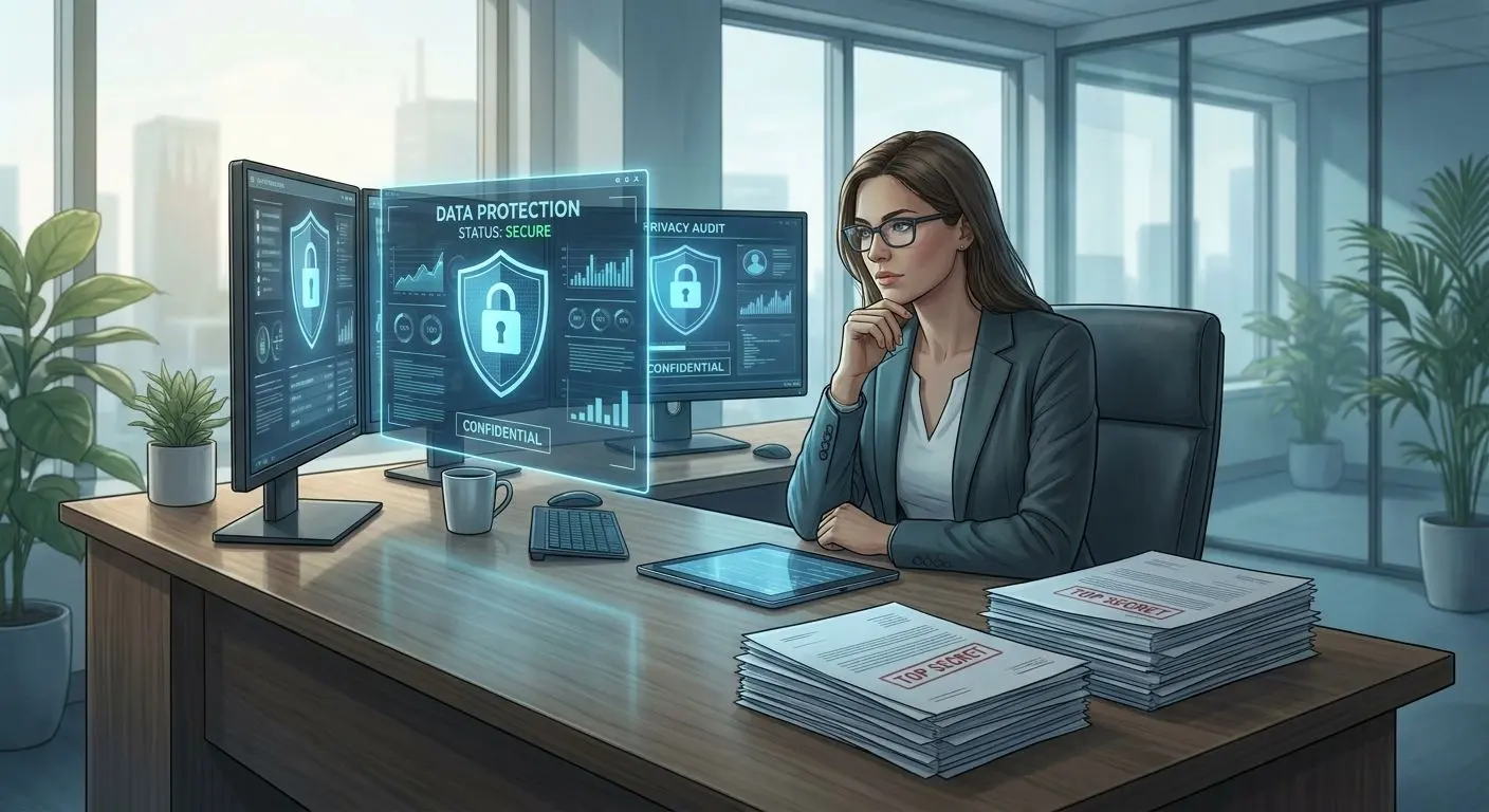 Especialista em privacidade a analisar proteção de dados em ambiente digital