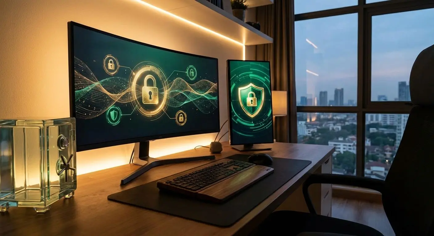 Ambiente digital seguro com cadeado e escudo para privacidade e proteção de dados