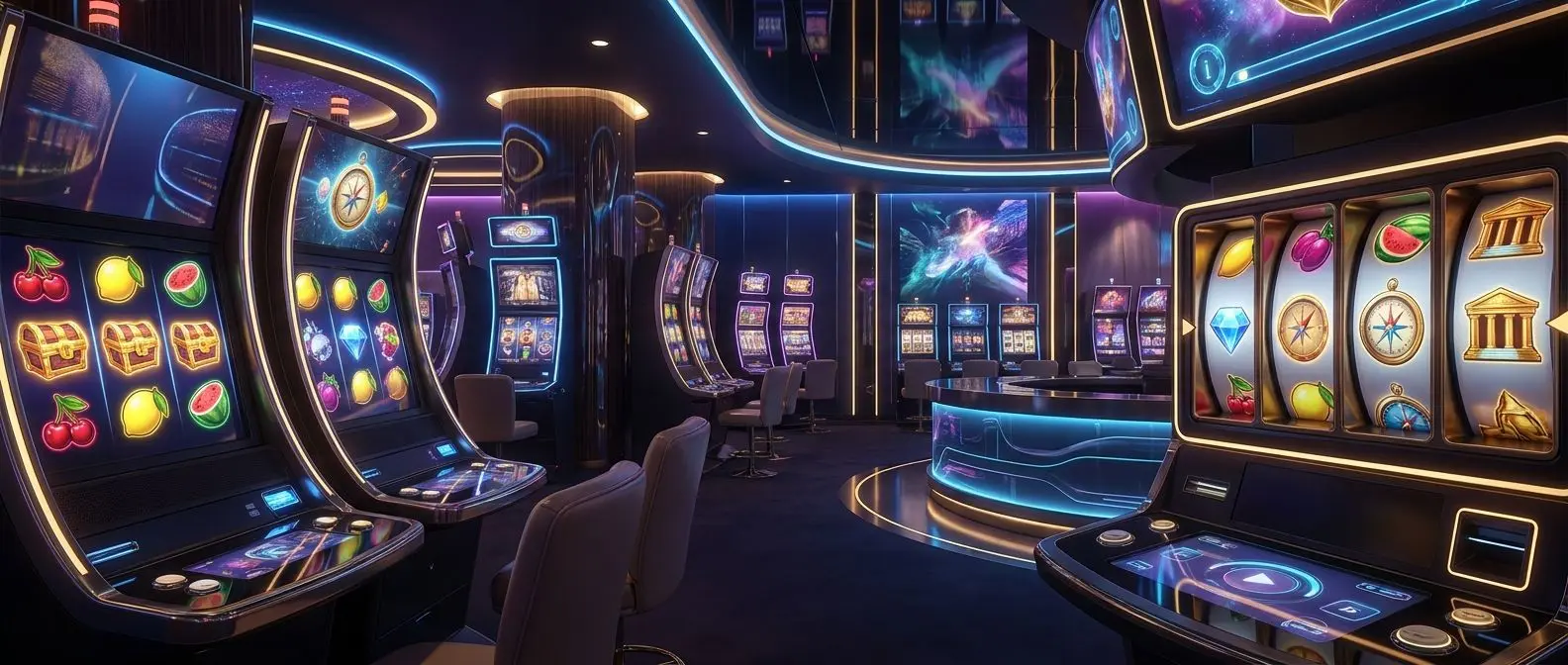 Visual colorido com várias máquinas de slots em ambiente de jogo online