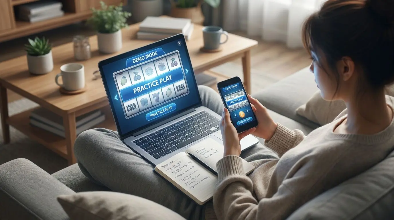Experimentar slots grátis em modo demo Jogador a testar uma slot em modo demo no portátil