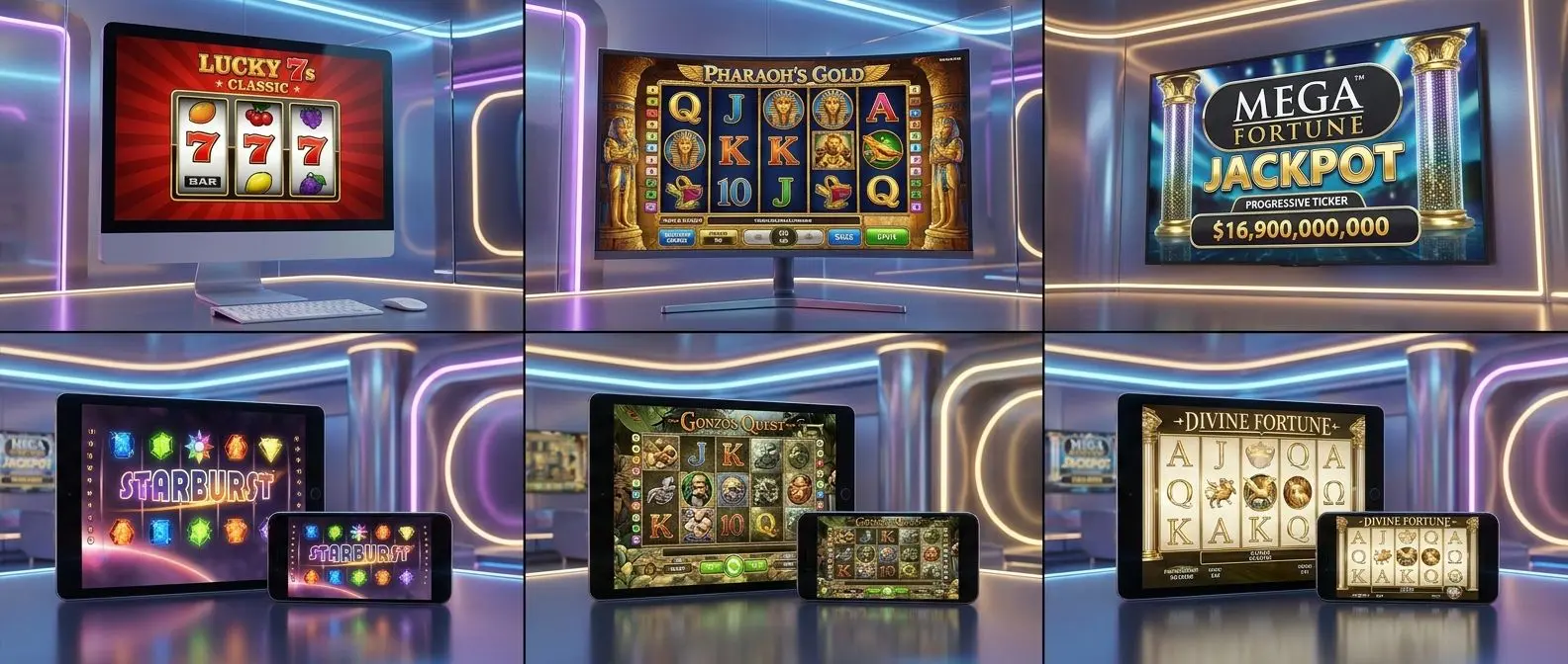 Tipos de slots online em destaque Colagem de vários tipos de slots online em ecrãs digitais